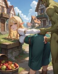 ai_generated bent_over blonde_hair doggy_style elf goblin goblin_male historyia original original_character peasant_dress sex torn_clothes witch_gem_disaster