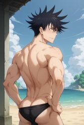 1boy ai_generated another_megumi ass back bangs bara beach black_hair blush closed_mouth cloud day embarrassed from_behind fushiguro_megumi hair_between_eyes hands_on_hips jujutsu_kaisen looking_at_viewer looking_back male_focus male_swimwear median_furrow muscular muscular_male ocean outdoors short_hair sky solo spiked_hair sweat swim_briefs thighs water wet