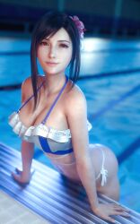 3d big_breasts big_butt bikini black_hair dark_hair female final_fantasy final_fantasy_vii final_fantasy_vii_remake flower_in_hair frilled_bikini getting_out_of_pool hair_up light-skinned_female light_skin looking_at_viewer pool red_eyes solo solo_female square_enix sreliata_(artist) tifa_lockhart wet wet_skin