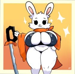 :3 anthro ass big_breasts big_butt bikini bikini_top breasts clothed clothing female hi_res hifumi_satsuma_(teztaz) huge_breasts lagomorph leporid mammal melee_weapon ninja no_underwear rabbit rabbit_ears robe ronin serrated_weapon simple_face skindentation solo swimwear sword teztaz thick_thighs tight_bikini tight_clothing two-piece_swimsuit warrior weapon wide_hips