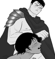 berserk casca grayscale guts_(berserk) hair_pull imminent_oral kneeling looking_pleasured male/female nude_female_clothed_male skate_louis