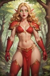 ai_generated armor bikini_top blonde_hair blood_elf cleavage dungeons_and_dragons elf fantasy pdbai pelvic_curtain red_lipstick tagme warcraft world_of_warcraft