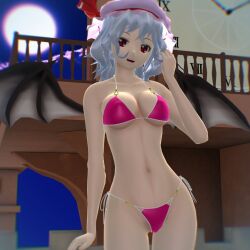 1girls 2024 3d_(artwork) belly_button blue_hair_female clock embodiment_of_scarlet_devil hand_on_hair hati_yukkuri_mmd light-skinned_female light_blue_hair looking_at_viewer mansion midriff mmd mob_cap moon night night_sky one_arm_up outside pink_bikini red_eyes remilia_scarlet short_hair_female solo_female solo_focus touhou vampire_girl vampire_wings white_string_bikini wings