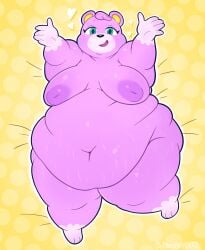 5_fingers animal_crossing anthro areola bbw bear bed belly big_belly black_nose chubby_cheeks eyelashes female fingers furniture green_eyes heart hi_res lying mammal megan_(animal_crossing) navel nintendo nipples nude obese obese_anthro obese_female on_back open_mouth open_smile overweight overweight_anthro overweight_female purple_areola purple_nipples robirobi smile solo stretch_marks