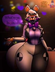 2024 2d 2d_(artwork) 2d_artwork animatronic animatronic_female anthro artist_logo artist_name beanontoast big_breasts ear_piercing female five_nights_at_freddy's five_nights_at_freddy's:_sister_location fox fox_ears fox_girl furry furry_female glowing_eyes lolbit_(fnaf) orange_highlights purple_cheeks purple_lipstick robot robot_girl rockstar_puppet_(artist) thick_thighs white_body