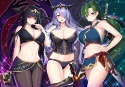 3girls alternate_costume axe black_hair boobs breasts broken_armor camilla_(fire_emblem) curvy female female_focus female_only fire_emblem fire_emblem:_the_blazing_blade fire_emblem_awakening fire_emblem_fates green_eyes green_hair hair_over_one_eye hand_on_hip kashiwamochi_yomogi large_breasts light-skinned_female lingerie long_hair looking_at_viewer lyn_(fire_emblem) lyndis_(fire_emblem) massive_breasts multiple_girls nintendo official_alternate_costume ponytail purple_eyes purple_hair sword tharja_(fire_emblem) tiara underwear white_skin