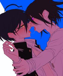 2boys black_hair danganronpa danganronpa_v3 gatoronpa gay light_skin looking_at_another male male/male male_only open_clothes open_mouth open_shirt ouma_kokichi purple_eyes saihara_shuuichi saliva saliva_string straight_hair tongue_out yaoi yellow_eyes