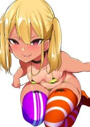 asymmetrical_legwear bangs bikini black_choker blonde_hair blush breasts choker collarbone covered_nipples eyebrows_visible_through_hair female gyaru hair_between_eyes highres looking_at_viewer manabebebe micro_bikini mismatched_legwear navel one-piece_tan orange_legwear original purple_eyes purple_legwear seiza side-tie_bikini simple_background sitting small_breasts smirk solo striped striped_legwear swimsuit tan tanlines thick_thighs thighhighs thighs twintails untying vertical-striped_legwear vertical_stripes white_background yellow_bikini