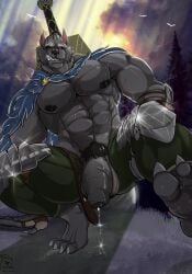 absurd_res big_penis blaidd_(elden_ring) blazar canid canine canis elden_ring fromsoftware genitals hi_res male_focus male_only male_solo mammal melee_weapon muscular penis solo_male sword twilight weapon wolf