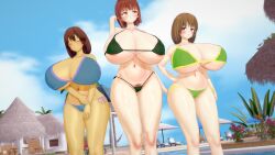 2022 3d 3girls albyon alternate_version_available bikini brown_hair chara dark-skinned_female female female_only female_pubic_hair frisk hairy_pussy human hyper_breasts red_eyes rosy_cheeks tagme undertale undertale_(series)