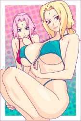 2girls bikini blonde_hair breast_envy breasts brown_eyes female female_only green_eyes looking_at_breasts looking_at_partner looking_at_viewer loverofalexa multiple_girls naruto naruto_(series) naruto_shippuden pink_hair pouting sakura_haruno swimsuit teacher_and_student tsunade