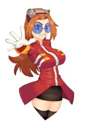 1girls big_breasts black_skirt blue-tinted_eyewear blue_eyes breasts brown_hair cheesoart clothed clothing dr._eggma’am female female_focus female_only glasses gloves goggles goggles_on_head red_clothing short_skirt skirt small_shirt smile smiling smiling_at_viewer sonic_(series) sonic_the_hedgehog_(series) steamy_shack stockings sunglasses tight_clothing tight_fit tinted_eyewear white_gloves zipper