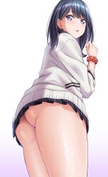 :o ass ass_focus back bangs black_hair black_skirt blush cardigan cowboy_shot eyebrows_visible_through_hair female female from_behind from_below gradient_hair gridman_universe hair_behind_ear hand_up highres looking_at_viewer looking_back medium_hair mibushiro microskirt multicolored_hair no_panties pleated_skirt purple_eyes purple_hair school_uniform scrunchie shiny shiny_skin simple_background skirt solo ssss.gridman standing takarada_rikka underbutt white_cardigan wrist_scrunchie