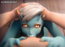 :>= alien alien_girl angry_dragon blowjob blowjob_face blue_skin cute deep_throat deepthroat eye_contact fellatio fortnite freckles head_grab joey_(fortnite) oral oral_sex orange_eyes orange_eyeshadow pov rorasmoke short_hair white_hair