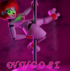 3d 3d_(artwork) baby_(fnafsl) blender circus_baby circus_baby_(fnaf) clown_girl clussy five_nights_at_freddy's fnaf green_eyes not_haunted nycosi pink_background pole pole_dancing pose red_hair red_lipstick render robot robot_girl sister_location so87baby solo solo_female summer_of_87_baby twintails