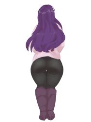 1girls ass ass_focus back_view big_ass blush boots doki_doki_literature_club female knee_boots large_ass leggings lewddoodler panties pantylines presenting_ass purple_hair see-through see-through_clothing see-through_panties steamy_shack thick_thighs trenchcoat visible_underwear yuri_(doki_doki_literature_club)