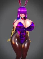 3d animated areola_slip areolae blush bouncing_breasts bowtie bunny_ears bunnysuit detached_collar elbow_gloves gigantic_breasts harimau_mmd2 long_hair mikumikudance mmd no_sound open_mouth pantyhose patchouli_knowledge plump purple_eyes purple_hair simple_background thick_thighs touhou video wide_hips