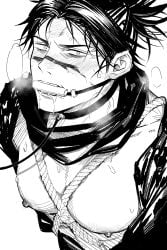 1boy black_and_white bondage choso_kamo drooling gag gagged jujutsu_kaisen leash_and_collar male_only monochrome solo solo_male