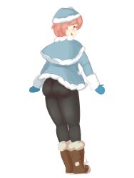 1girls ass back_view blue_eyes blue_panties blush boots doki_doki_literature_club female just_sayori leggings lewddoodler looking_at_viewer looking_back pantylines pink_hair sayori_(doki_doki_literature_club) see-through see-through_clothing steamy_shack thick_thighs visible_underwear winter_clothes