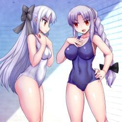 2girls big_breasts braid braided_hair breast_size_difference dual_persona female female_only frown hair_ribbon hairbow hand_on_hip kagetsu_tohya len len_(tsukihime) long_hair moiky mono_(moiky) one-piece_swimsuit pointy_ears red_eyes school_swimsuit sideboob silver_hair single_braid small_breasts smile succubus sweatdrop swimsuit tsukihime type-moon white_hair white_len