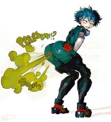 1boy ass big_ass big_butt blush deku fart fart_cloud fart_fetish farting fat_ass fat_butt femboy fully_clothed green_eyes green_hair huge_ass huge_butt izuku_midoriya male male_fart male_only my_hero_academia shounen_jump solo text thick_ass usagaijin