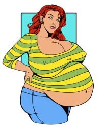 1girls beauty_mark belly big_belly big_breasts breasts cleavage clothed earrings female female_only hand_on_hips huge_breasts nipple_bulge olympic-dames pregnant red_hair solo_female