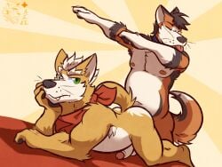 anthro belly blep canid canine dabbing doggy_style duo fangs fox fox_mccloud from_behind_position genitals humor male male/male mammal meme neckerchief nintendo nipples penis sex star_fox tongue tongue_out ventkazemaru video_games whiskers