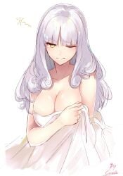 bangs big_breasts blanket carmilla_(fate) cleavage covering_self fate/grand_order fate/hollow_ataraxia fate_(series) female female_only jazztaki looking_at_viewer one_eye_closed solo taki_(jazztaki) type-moon waking_up white_hair yellow_eyes