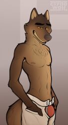 2021 anthro brown_body brown_fur bulge canid canine canis clothed clothing clyde_wolf digital_media_(artwork) dreamworks fur hi_res looking_at_viewer male male_focus male_only male_solo mammal mr._wolf_(the_bad_guys) musk simple_background smile solo solo_male the_bad_guys underwear wet wet_clothing wolf