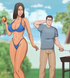 1boy 1girls backyard barbecue bikini blue_bikini body_swap burger cooking_food eating_food grill hamburger looking_at_butt pink_lips saturnxart spatula suburban tanned_female tanned_skin