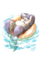 2011 anthro balls belly big_belly blush canid canine flaccid genitals inuiookawa kemono lying male mammal moobs nipples overweight overweight_male penis solo water young