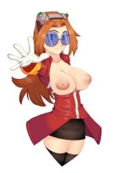 1girls big_breasts black_skirt blue-tinted_eyewear blue_eyes blush blushing_at_viewer breasts breasts_out brown_hair cheesoart clothed clothing dr._eggma’am embarrassed exposed_breasts female female_focus female_only glasses gloves goggles goggles_on_head open_clothes red_clothing short_skirt skirt small_shirt smile smiling smiling_at_viewer sonic_(series) sonic_the_hedgehog_(series) steamy_shack stockings sunglasses tight_clothing tight_fit tinted_eyewear white_gloves zipper