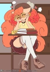 anthro anthrofied blush bodily_fluids book bottomwear clothed clothing collar dripping eyewear female footwear fuf fur genital_fluids glasses hair heart hi_res hidden_vibrator legwear nintendo one_eye_closed orange_hair panties pokémorph pokemon pokemon_(species) pussy_juice pussy_juice_drip pussy_juice_through_clothing school_desk sex_toy shoes skirt solo tan_body tan_fur thigh_highs underwear upskirt vibrator vibrator_under_panties video_games vulpix wet wet_clothing