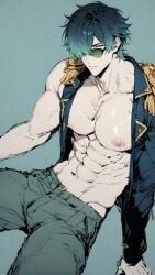 1boy abs ai_assisted ai_generated bara bara_tiddies bara_tits big_nipples blue_hair bulge gay jacket jacket_open lighter_(zenless_zone_zero) looking_at_viewer male_only muscular muscular_chest muscular_male nipples pants pixai sitting_down solo_male sunglasses yaoi zenless_zone_zero