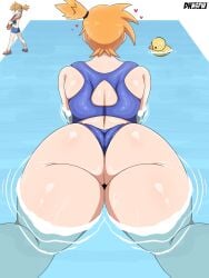 ass ass_focus asymmetrical_hair back bare_shoulders bath_toy bikini blue_bikini blue_swimsuit blush breasts clothing curvaceous danhnsfw female female_only footwear from_behind green_eyes gym_leader heart high_resolution hips huge_ass huge_breasts kasumi_(pokemon) large_ass large_breasts legs looking_at_viewer looking_back one-piece_swimsuit orange_hair partially_submerged pokemon pokemon_(anime) pokemon_(classic_anime) pokemon_(game) ponytail rubber_duck sandals shiny shiny_skin short_hair side_ponytail smile solo swimsuit thick_ass thick_thighs thighs tied_hair water wet wide_hips