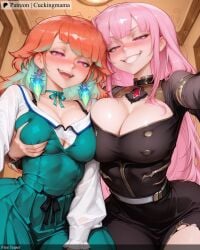 ai_generated cuckingmama hololive hololive_english hololive_myth mori_calliope multiple_girls nose_blush open_mouth orange_hair pink_eyes pink_hair sharp_teeth smile spikes tagme takanashi_kiara teeth tiara torn_clothes veil virtual_youtuber yuri
