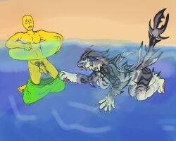 anthro_on_human cat_girl creatures_of_sonaria furry hammerhead_shark humanoid inflatable jeff lowered_pants meorlark pubic_hair self_upload shark_fin shark_girl shark_tail uncircumcised underwater underwater_view yellow_body