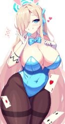 ace_(playing_card) ace_of_diamonds ace_of_hearts animal_ears asuna_(blue_archive) asuna_(bunny)_(blue_archive) asymmetrical_bangs bare_shoulders blonde_hair blue_archive blue_bow blue_bowtie blue_eyes blue_leotard blue_ribbon blush bow bowtie breasts cameltoe card come_hither commentary condom condom_wrapper covered_navel detached_collar diamond_(shape) eight_of_hearts fake_animal_ears female gloves grin hair_over_one_eye hair_ribbon halo hands_up heart highleg highleg_leotard highres holding holding_condom leaning_to_the_side legs_together leotard long_hair mole mole_on_breast naughty_face official_alternate_costume pantyhose piaomao pixel_art playboy_bunny playing_card pointing rabbit_ears raised_eyebrow ribbon simple_background skindentation smile solo standing strapless strapless_leotard symbol-only_commentary thick_thighs thighband_pantyhose thighs traditional_bowtie two_of_spades very_long_hair white_background white_gloves wide_hips