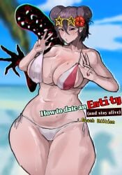 beach big_breasts bikini black_hair blush_lines how_to_date_an_entity_(and_stay_alive) looking_at_viewer peace_sign red_nails sfour sunglasses sunglasses_on_head sweatdrop sweating thick_thighs thighs