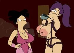 2girls alternate_version_available amy_wong big_breasts black_hair breasts canonical_scene enormous_breasts exposed_breasts female female_focus female_only futurama huge_breasts light-skinned_female light_skin nipple_bulge nipples terrible_the_drawfag turanga_leela voluptuous voluptuous_female