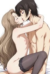 ai_generated brother_and_sister brown_hair code_geass flat_chest french_kiss french_kissing incest kissing lelouch_lamperouge nunnally_lamperouge purple_eyes stockings