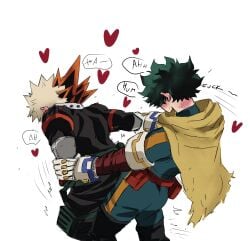 2025 2boys bkdkmama blonde_hair blush clothed_sex dialogue dry_humping duo english_text from_behind from_behind_position fully_clothed gay green_hair heart heart heart_symbol hero_outfit_(mha) hi_res human human_on_human humping izuku_midoriya izuku_midoriya_(hero_outfit) katsuki_bakugou leaning leaning_forward male male/male male_only my_hero_academia profanity sex simple_background standing sweat text white_background yaoi