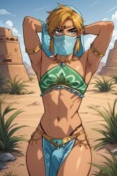 ai_generated armpits blonde_hair blonde_male bulge femboy gerudo_link gerudo_outfit hands_behind_head link link_(breath_of_the_wild) link_(tears_of_the_kingdom) mask plumpthlump skinny skinny_male the_legend_of_zelda veil