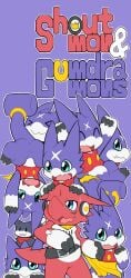 a_midnight_cat anthro anus bandai_namco blue_eyes bottomless claws clothed clothing digimon digimon_(species) digimon_xros_wars digimon_xros_wars-hunters electronics group gumdramon headphones hi_res male purple_body red_body scalie scarf shoutmon sleeveless_shirt smile x_anus