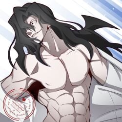 1boy abs athletic_male bare_pectorals bare_shoulders biceps black_hair crazy_eyes crazy_smile evil_grin evil_smile fit fit_male floating_hair grin hair_over_one_eye highres hirakawa long_hair looking_to_the_side male_focus melty_blood michael_roa_valdamjong muscular muscular_arms muscular_male nipples pectoral_cleavage pectorals red_eyes simple_background smile spiked_hair stripping strong_man toned toned_male tsukihime undressing upper_body vampire