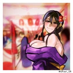 big_breasts black_eyes black_hair hair_ornament happy how_to_date_an_entity_(and_stay_alive) looking_at_viewer purple_dress sfour smile smiling