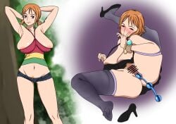 1girls anal_beads big_breasts breasts cleavage_overflow clothing female female_only flexible leg_behind_head nami_(one_piece) nipple_slip nipples nipples_visible_through_clothing one_piece one_piece_film_strong_world overflowing_breasts pubic_hair sagging_breasts uron_tea4545