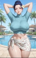 1girls ai_generated arms_behind_head belly_button blurry_background busty dark_blue_hair earrings eyelashes female floral_print flower_in_hair hair_bun hair_strand half-closed_eyes hourglass_figure large_breasts light-skinned_female lipstick lounge_chair midriff milf nipple_bulge palm_tree poolside rgomez007 sarong seductive_look self_upload short_sleeves smiling_at_viewer solo_female stable_diffusion standing swimming_pool thick_lips thick_thighs turtleneck updo voluptuous warm_lighting wide_hips