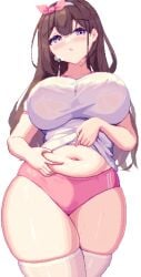 belly_grab blush breasts brown_hair buruma character_request chubby copyright_request covered_nipples female gym_shirt gym_uniform highres huge_breasts lifting_own_clothes long_hair looking_at_viewer midriff piaomao pink_buruma pixel_art plump purple_eyes shirt solo stomach stomach_day sweat thick_thighs thighhighs thighs white_background