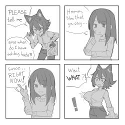 ! 2girls 4koma annoyed big_breasts bikini black_hair breast_expansion cat_ears cat_girl clothes dialogue english_text female_only hand_on_chin holding_paper holding_picture layru looking_at_breasts looking_at_viewer monochrome motion_lines no_sex pants reality_warping shocked shocked_expression sketch smiling sudden_expansion sweater text text_bubble